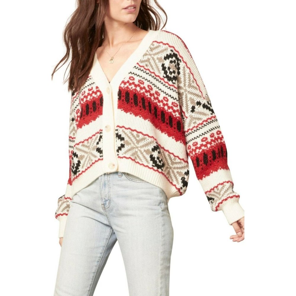 Bb Dakota Back Country Cardigan Western Chunky Knit Red White Multi Size M NEW